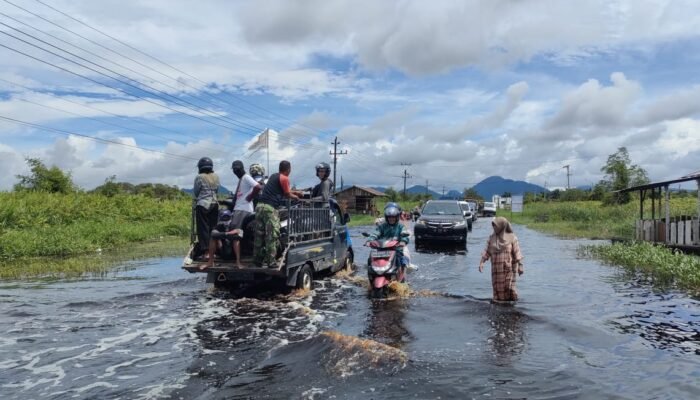 Ruas Jalan Provinsi Anjongan-Sungai Pinyuh Banjir, Warga Inisiatif Jadi Relawan Pemandu Lalu Lintas