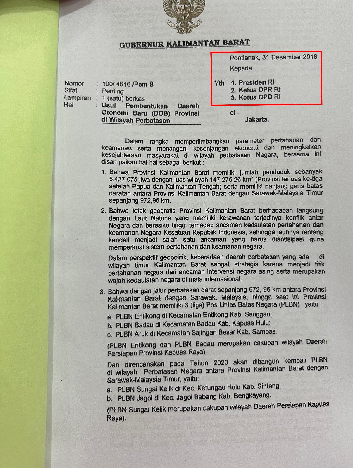 Bukti usulan pemekaran Kapuas Raya yang disampaikan Sutarmidji selaku Gubernur Kalbar periode 2018-2023 kepada Pemerintah Pusat baik kepada Presiden, DPR RI, DPD RI dan pihak berwenang lainnya (Foto: Tim Media Midji-Didi)