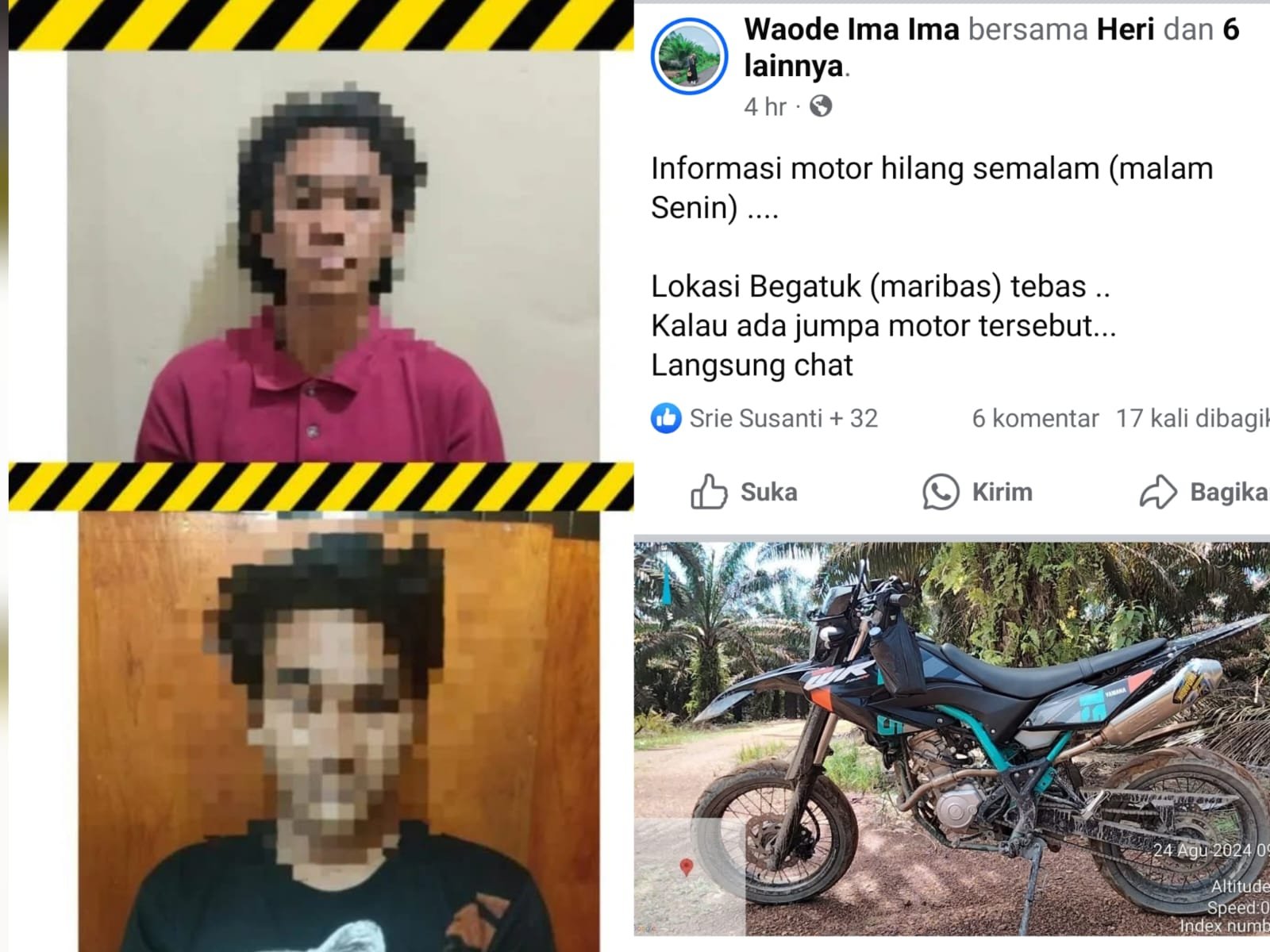 Kedua pelaku Pencurian Motor Yamaha WR di Maribas dan barang bukti.