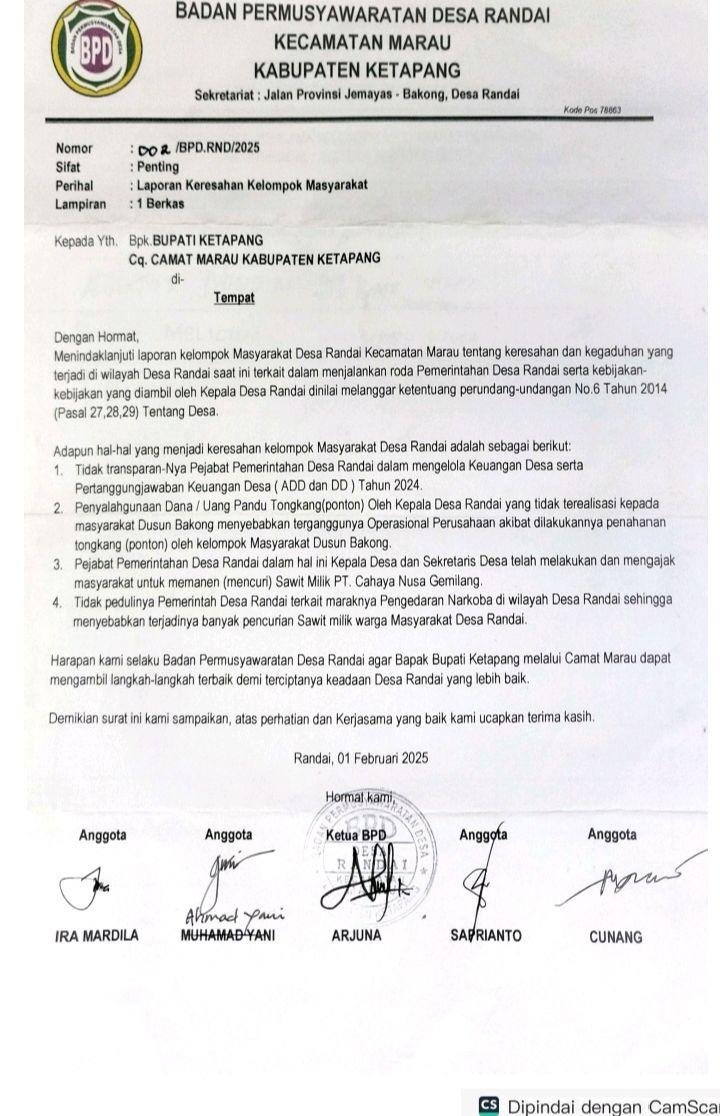 Surat BPD laporkan Kades Randai.
