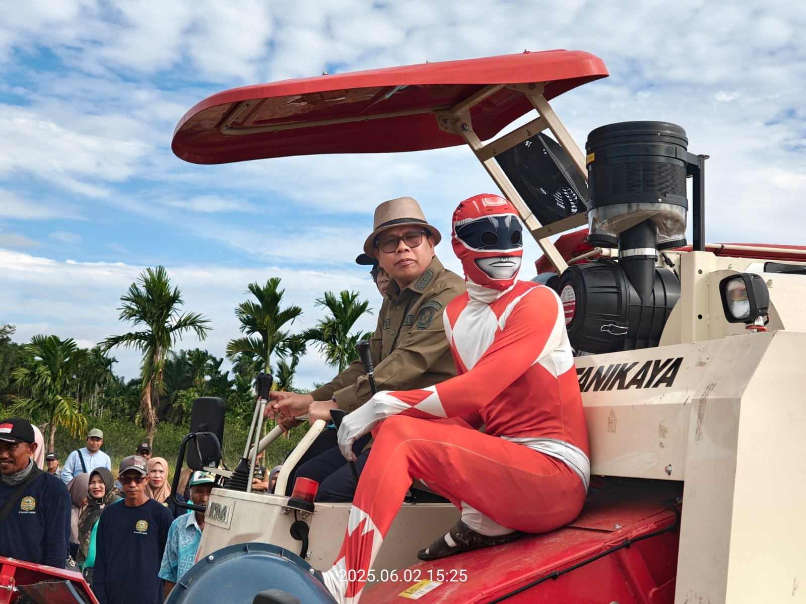 RANGER MERAH -Bupati Sambas, Satono ditemani ranger merah saat panen padi di Dusun Simpuan, Desa Singaraya, Kecamatan Semparuk, Kabupaten Sambas, Senin 2 Juni 2025/Foto Jejaring Kalbar