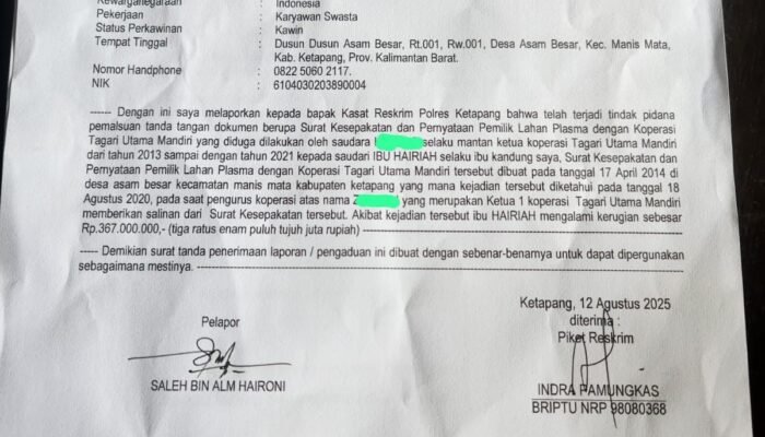 Dokumen Perjanjian Lahan Diduga Dipalsukan, Koperasi TUM Dilaporkan ke Polres Ketapang