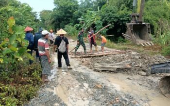 Satgas TMMD bangun jalan 2000 meter dan gunakan cerucuk untuk atasi tanah lembek.