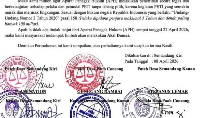 Pengurus Adat Simpang Hulu Desak Penertiban PETI di Sungai Semandang, Ancam Aksi Damai
