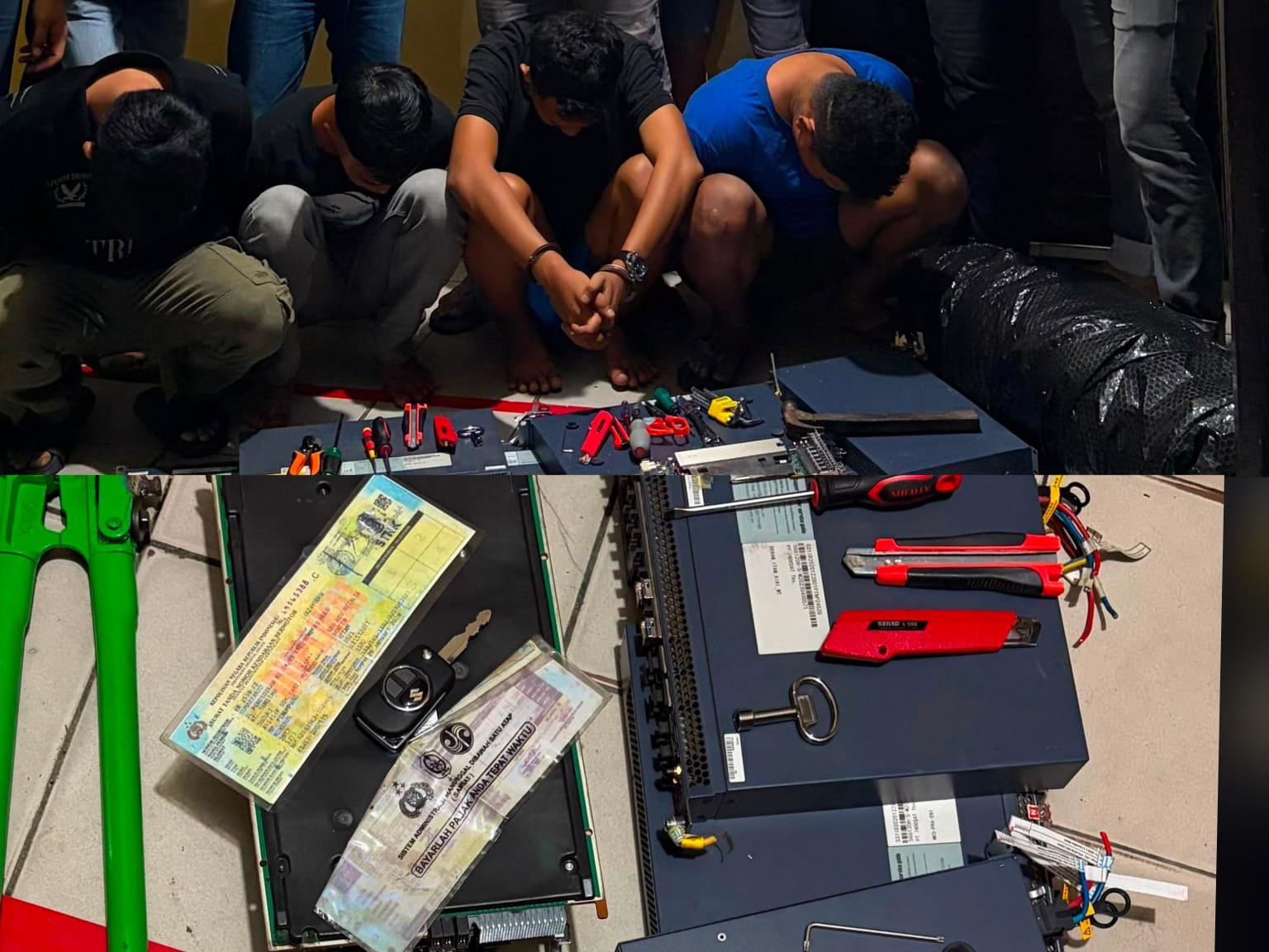 Tersangka dan barang bukti pencurian di tower seluler yang ditangkap di wilayah Kecamatan Sungai Pinyuh.